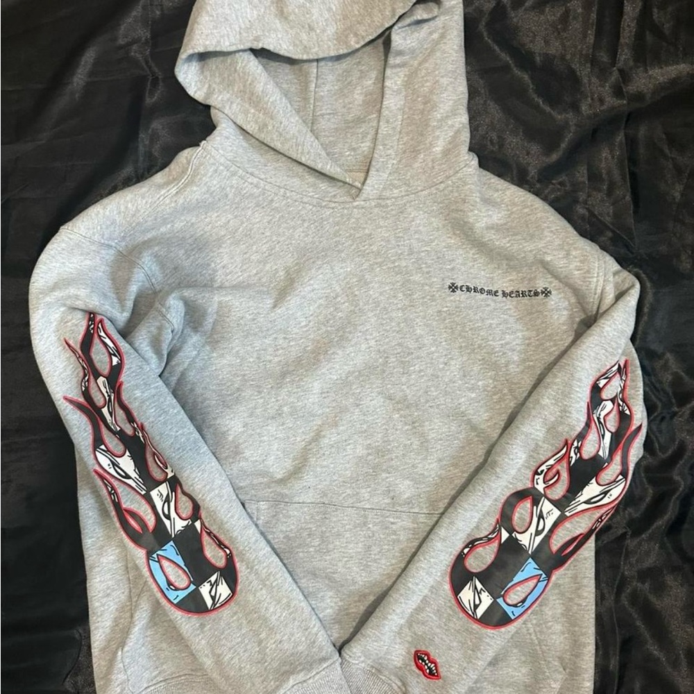 Chrome Hearts Gray Hoodie with Red and Black Flame Design